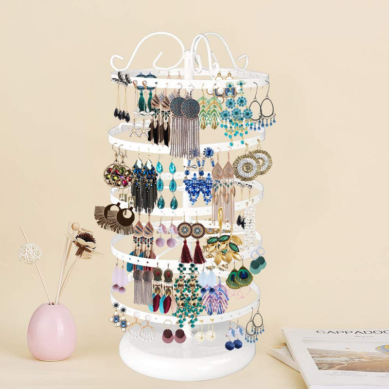 [Australia] - 5 Tiers Metal Rotating Earring Holder Organizer, TANOKY Exquisite Jewelry Display Stand Necklace Rack Holder, 220 Holes for Earrings- 14x6.3 Inch (White) White 