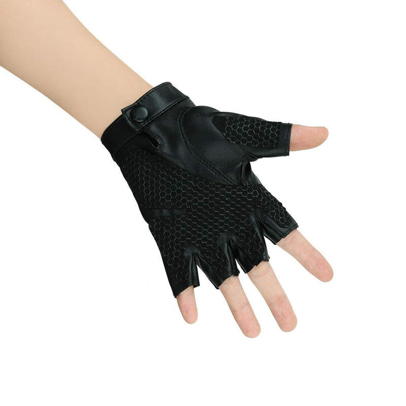 [Australia] - JISEN Women Punk Half Finger PU Leather Performance Gloves B-black 