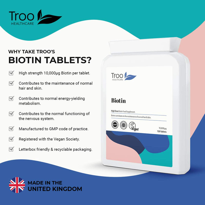 [Australia] - Biotin 10000�g Supplement - 120 High Strength 10000 mcg Vitamin B7 Tablets for Hair Skin and Nail Support - UK Manufactured to GMP Standards - 4 Month Supply 