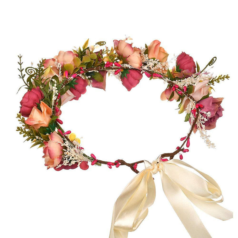 [Australia] - Adjustable Floral Crown Headband Boho Hair Band Wreath Headpiece with Ribbon for Women Girls 