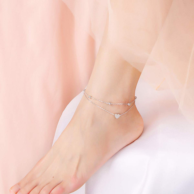 [Australia] - Flyow Anklet for Women S925 Sterling Silver Adjustable Foot Beaded Heart Charm Ankle Bracelet Anklets Jewelry heart charm 9+1 