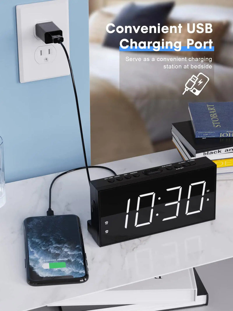 [Australia] - Digital Alarm Clock with USB Charger for Bedroom, 7" Large Display Bedside Clock with Battery Backup, Dual Alarm, Dimming Mode, Loud Alarm Clock for Heavy Sleeper, Bedroom Living Room Office Decor White 