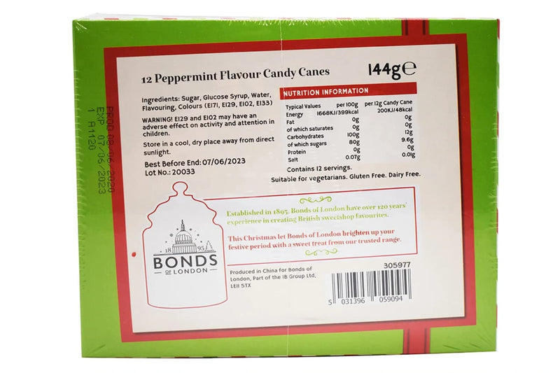 [Australia] - Bonds of London 12 Peppermint Flavour Candy Canes Box, 144 g 144 g (Pack of 1) 