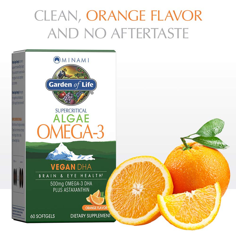 [Australia] - Garden of Life Minami Algae Omega 3 Vegan DHA for Brain and Eye Health - Orange Flavor, 500mg Plant Based DHA Omega-3 Vegan Algae Oil Plus Astaxanthin, No Aftertaste, 60 Easy-to-Swallow Mini Softgels 