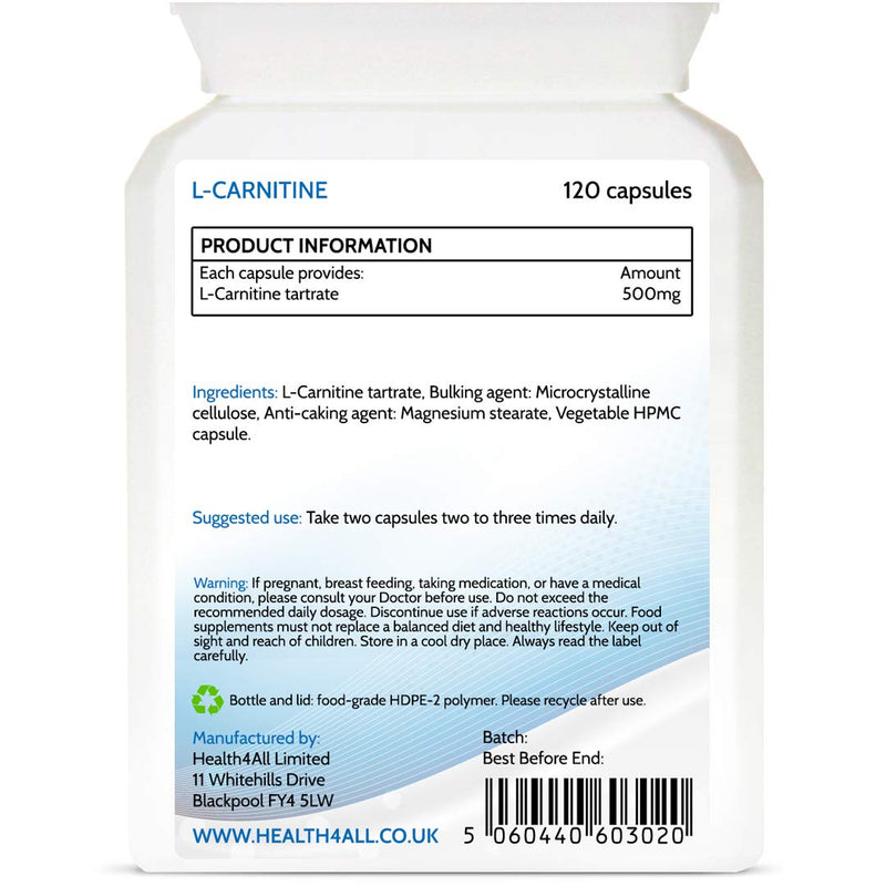 [Australia] - L-Carnitine 500mg 120 Capsules (V) (not Tablets) Free Form Amino Acid Fat Burner. Vegan. Made in The UK by Health4All 120 Count (Pack of 1) 