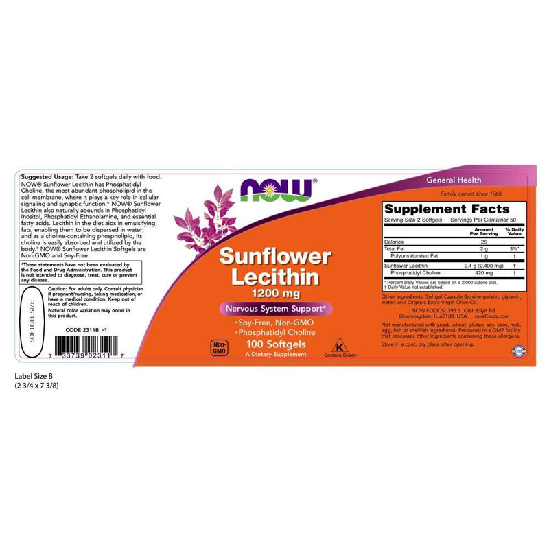 [Australia] - NOW Supplements, Sunflower Lecithin 1200 mg with Phosphatidyl Choline, 100 Softgels 