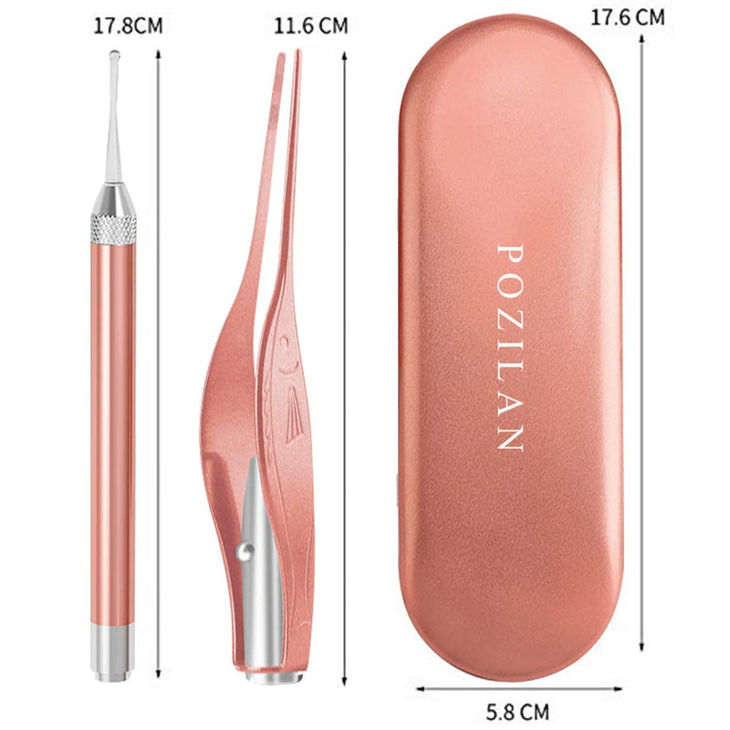[Australia] - POZILAN 2 Pack Ear Wax Removal Tool with Light - Ear Pick Cleaner Kit for Kids and Adults, Earwax Spoon Digger & Tweezers for Ear Health Care Gift Set with Case (Rose Gold) Rose Gold 
