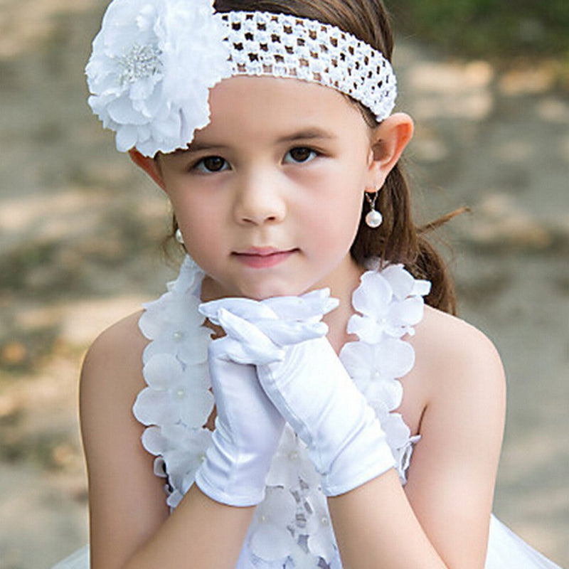 [Australia] - Girl's Holiday, Wedding, or Pageant White Satin Gloves Princess Glove Small 
