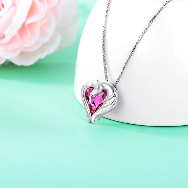 [Australia] - AOBOCO Horse Necklace Sterling Silver Horse in Heart Pendant Necklace Animal Horse Jewelry Gift for Women Teen Girls Horse Lovers, October Birthstone Jewelry with Pink Swarovski Crystal 