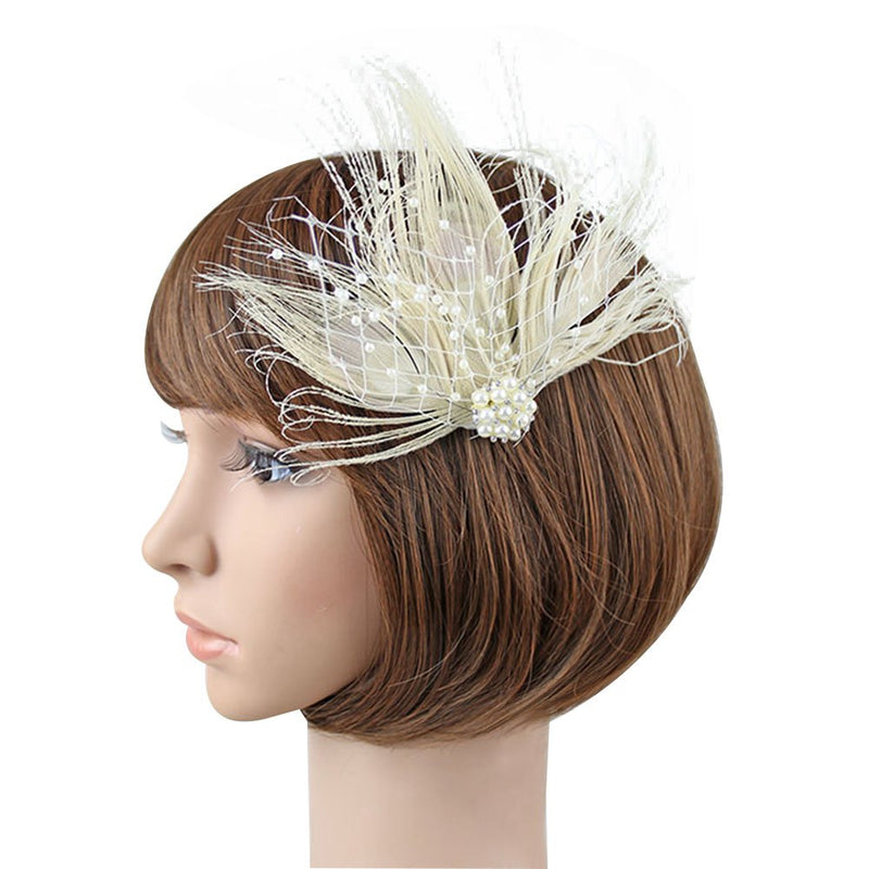 [Australia] - Song Qing Feather Hair Clip 1920s Flapper Fascinator Wedding Headwear Bridal Headpiece Beige 