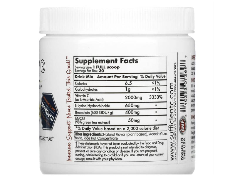 [Australia] - Sufficient-C High Dose Non-GMO Vitamin C Lemon Peach Immune-Ade Drink Mix, Convenient 125 Grams - with L-lysine, Bromelain and a Premium 96% Pure Green Tea Extract - immune, thyroid and collagen support for healthy skin - UTI, acne, cold and canker sor... 