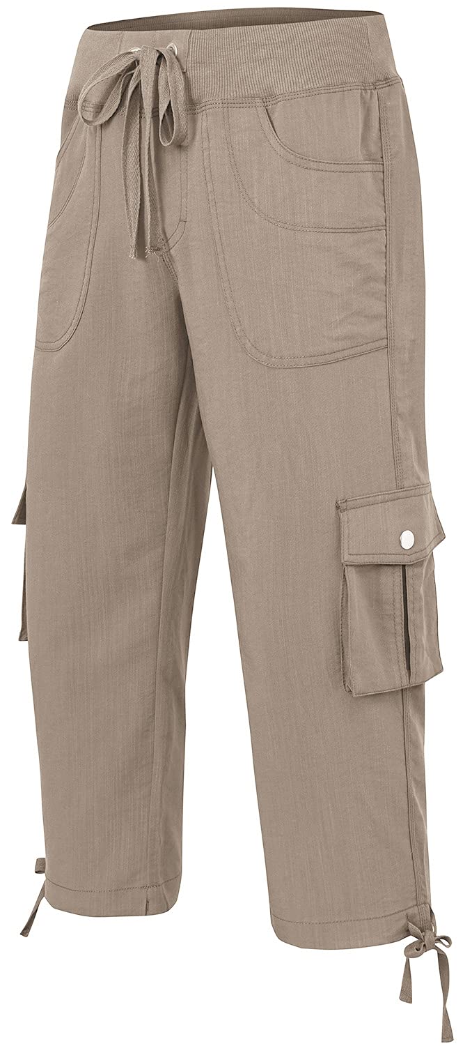 [Australia] - MoFiz Women's Relaxed-Fit Capri Pants 3/4 Length Cropped Trousers Casual Sports Pants with Cargo Pockets M Khaki 
