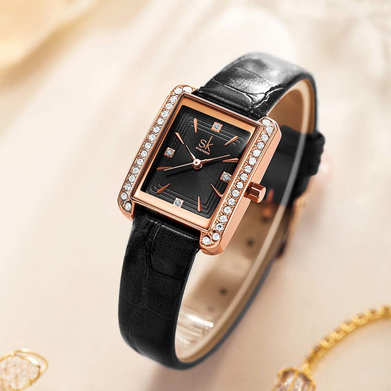 [Australia] - SHENGKE Women’s Rectangle Watch with Crystal Decorated Bezel Classic Tank Shape Square Wrist Watch with Clear Dial Looks Graceful and Capable Montre Femme Rectanglaire a Nice Gift K0151 Black LR 