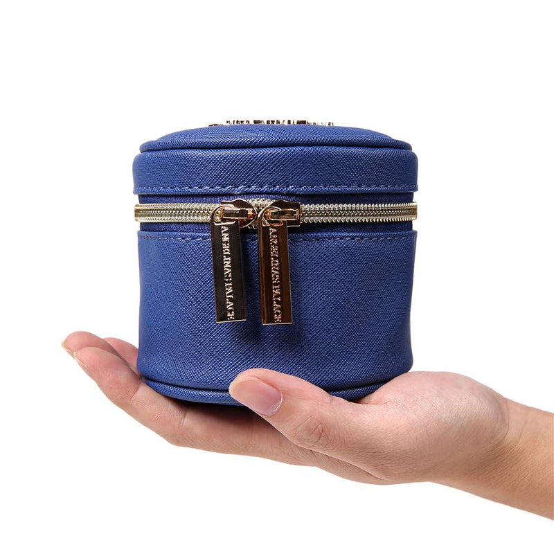 [Australia] - Angelina's Palace Round Jewelry Organizer Case Travel Bag Bridesmaid Gifts Vegan Leather Box for Necklace Earring Bracelet Ring(dark chambray) dark chambray 