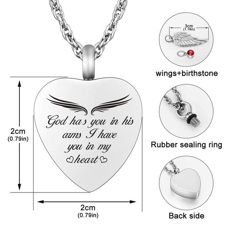 [Australia] - Dletay Heart Urn Necklace for Ashes with 12 Birthstones Angel Wing Cremation Jewelry for Ashes-God Has You in His Arms, I Have You in My Heart God has you in his arm 