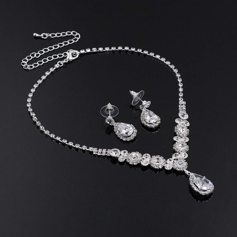 [Australia] - COCIDE Bride Wedding Jewelry Set for Women Silver Crystal Pendant Necklace Earring Set Bridal Rhinestone Teardrop Neck Accessories for Bridesmaids (Set of 3) 1SILVER 