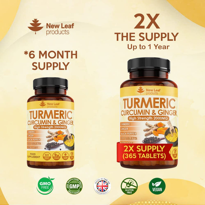 [Australia] - Turmeric Tablets 2000mg High Strength with Black Pepper & Ginger (1 Year Supply) Active 95% Turmeric Curcumin Supplements , Vegan, GMP, GMO Free Gluten Free, UK Made by New Leaf 1 Year Supply 