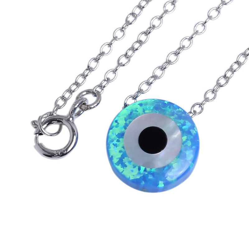 [Australia] - Kaletine Round Evil Eye Necklace Sterling Silver 925 Blue Synthetic Opal Pendant Adjustable Chain 16"+2" Extender Box Chain 