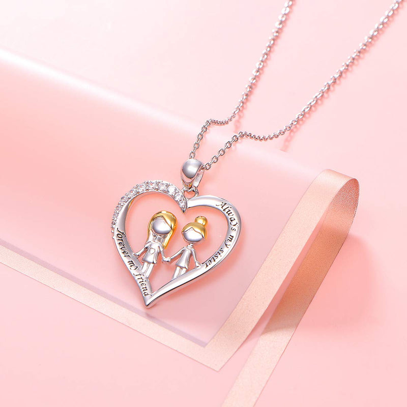 [Australia] - S925 Sterling Silver Sister Heart Necklace Pendant for Women Teen Girl Best Friend BFF Always My Sister Forever My Friend 2 