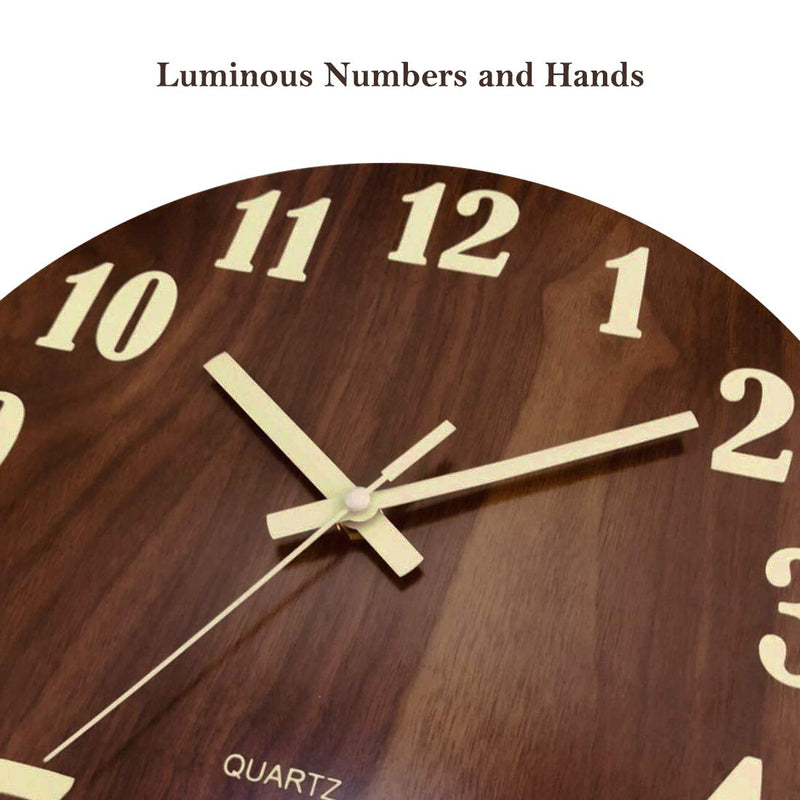 [Australia] - Topkey 12 Inch Luminous Wall Clock Silent Wooden Design Night Lights Round Wall Clock for Living Room and Bedroom (Battery Not Included) - Brown 
