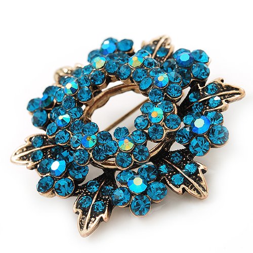 [Australia] - Avalaya Turquoise Coloured Crystal Wreath Brooch in Antique Gold Metal - 4cm Diameter 