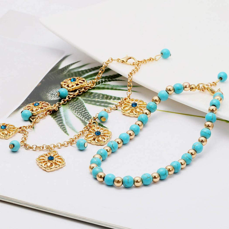 [Australia] - Asooll Gold Vintage Turquoise Anklet Flower Totem Anklet Multi-layered Foot Chain Jewelry for Women and Girls 