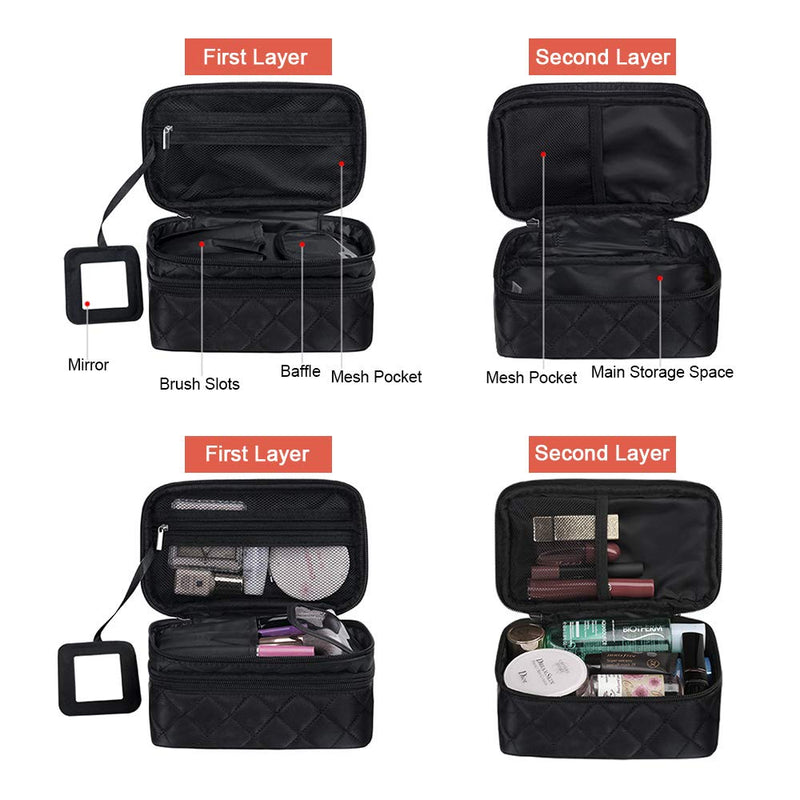 [Australia] - Make Up Bag Organiser for Women, Travel Cosmetic Bag Waterproof with Brush Compartment and Mirror(23 * 10 * 14cm), Portable Double Layers Large Capacity Make up Case 