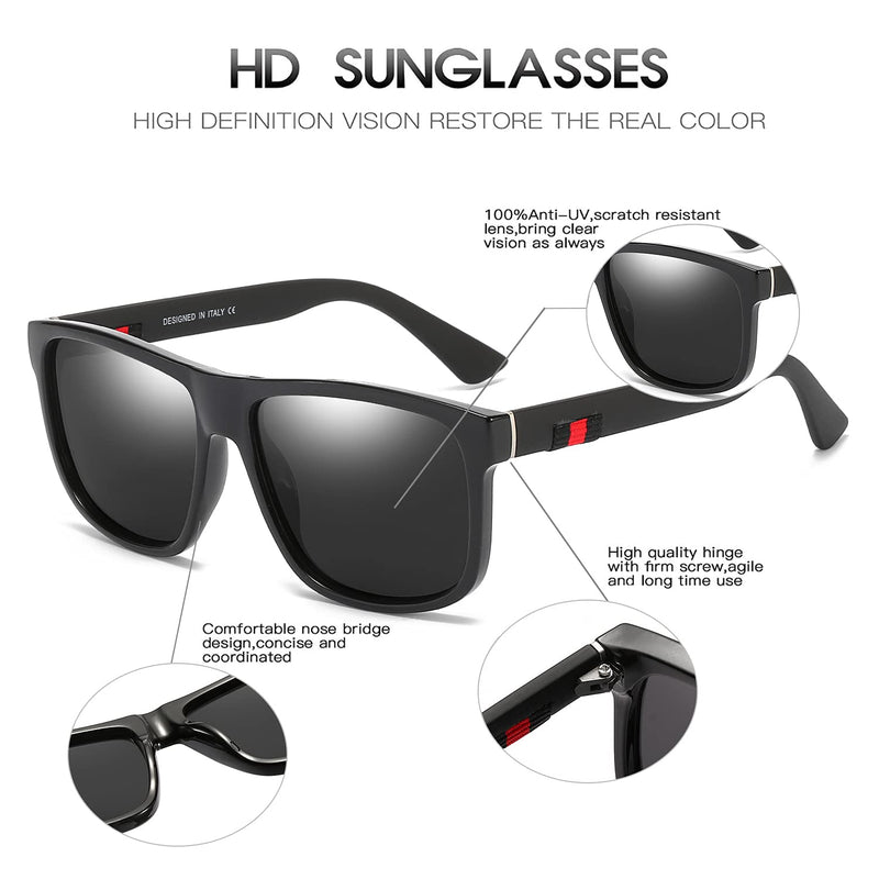 [Australia] - DUBERY Retro Square Polarized Sunglasses for Men Women 100% UV Protection Vintage Driving Fishing Shades D001 Black/Black 