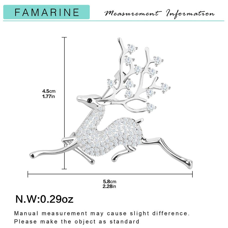 [Australia] - FAMARINE CZ Sika Deer Brooch, Christmas Animals Brooch Pin Paved by Cubic Zirconia Crystals Sliver Deer 