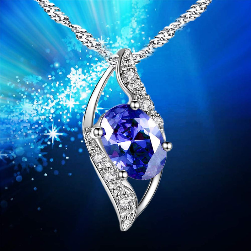 [Australia] - MABELLA Sterling Silver Simulated Birthstone Oval Cut Leaves Shape Pendant Necklace,Gifts for Girls Simulated Blue Sapphire 