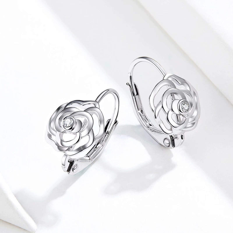 [Australia] - Qings Sparkling Rose Flower Hoop Earrings 925 Sterling Silver Love Tiny Inlaid Cubic Zirconia as Gift for Women and Girls 