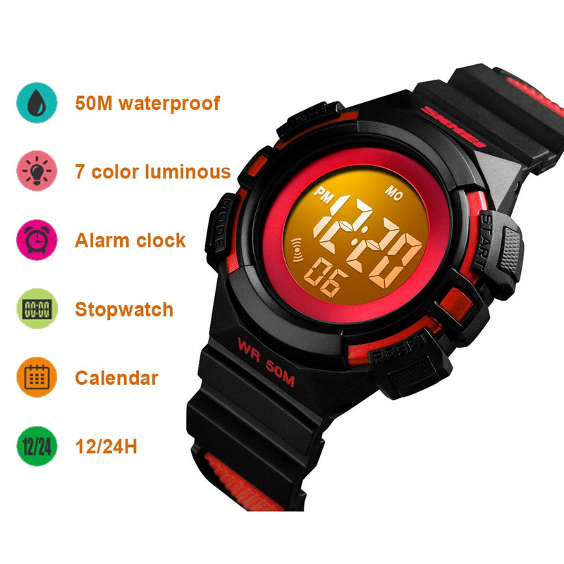 [Australia] - CakCity Kids Watches Digital Outdoor Sport Waterproof Electrical EL-Lights Watches with Alarm Luminous Stopwatch Casual Military Child Wrist Watch Gift for Boys Girls Ages 5-10 Red 
