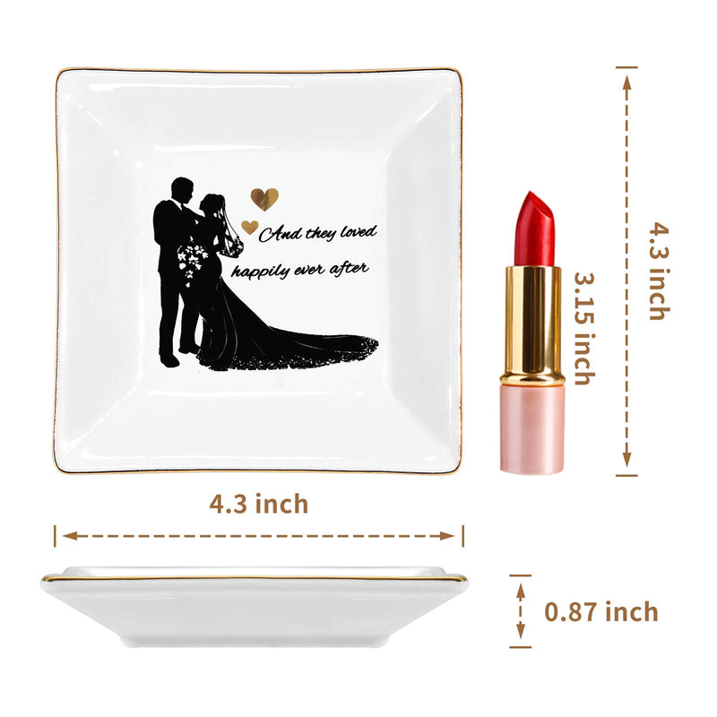 [Australia] - Kaidouma Wedding Engagement Gift for Bride or Couple Ring Trinket Dish Ceramic Decorative Jewelry Plate Valentine Anniversary Christmas Gifts for Women - and They Loved Happily Ever After 