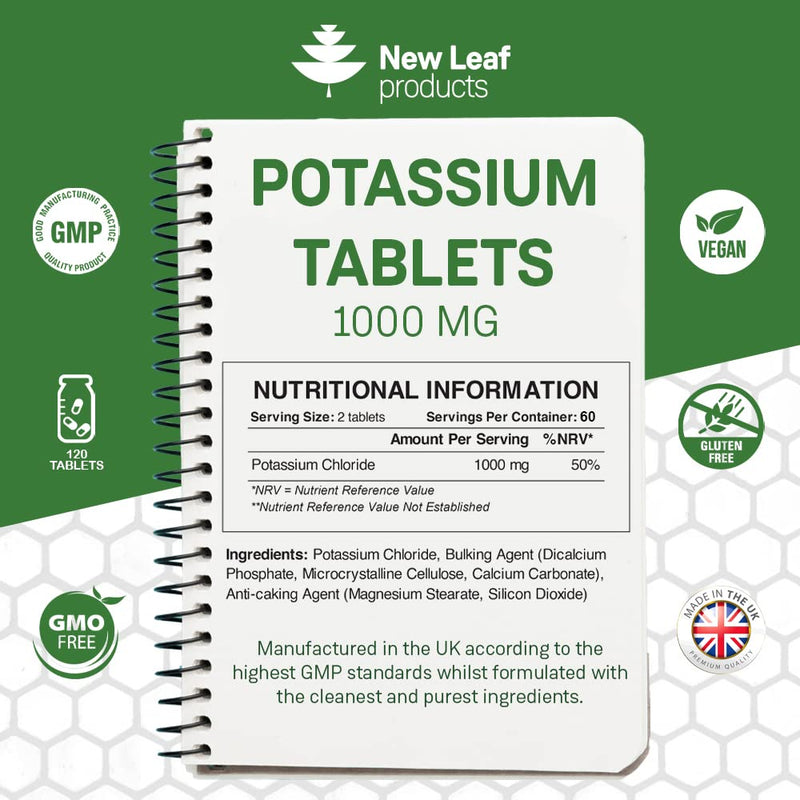 [Australia] - Potassium Supplements 1000mg, 120 Vegan Potassium Tablets Mineral Electrolytes Supplement Contributes to Normal Muscle Function Vegan, Gluten-Free, Non-GMO, Made in UK by New Leaf 120 Count (Pack of 1) 