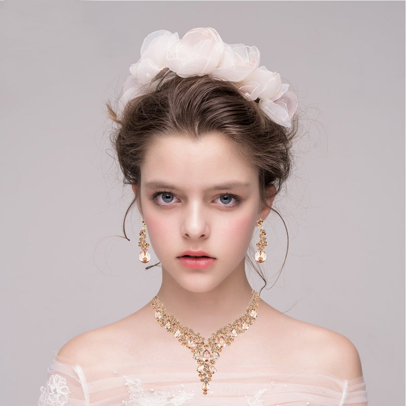 [Australia] - Paxuan Silver Gold Wedding Bridal Bridesmaid Austrian Crystal Rhinestone Jewelry Sets Statement Choker Necklace Drop Dangle Earrings Sets for Wedding Party Prom Champagne 