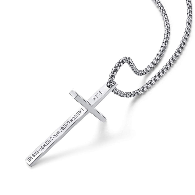 [Australia] - Rehoboth Stainless Steel Cross Pendant Necklaces for Girls Boys Men Women Philippians 4:13 Strength Bible Verse I Can Do All Things Chain 24 Inch A-Silver 