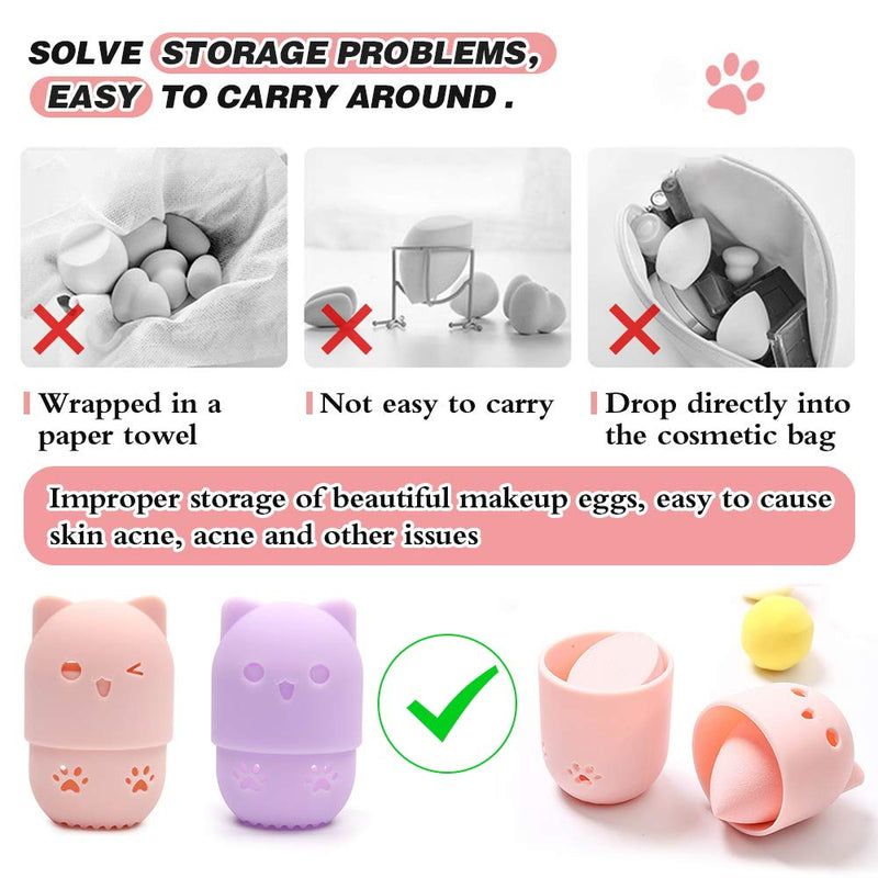 [Australia] - Ozazuco Beauty Sponge Blender Container/2 Beauty Sponge Travel Case and 2 Makeup Sponge Drying Holder/Cute Cat Silicone Makeup Sponge Travel Carrying Case/Beauty Sponge Holder Dry Rack Easy To Carry pink+purple 