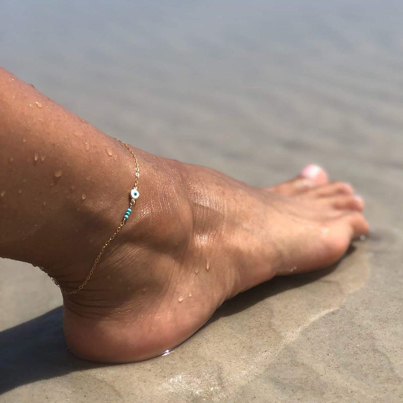 [Australia] - Mevecco Pearl Anklet Handmade 18k Gold Plated Dainty Boho Beach Cute Ankle Bracelet Adjustable Wafer Layered Turquoises Dangle Coins Foot Chain for Women 3 turquoise evil eye 