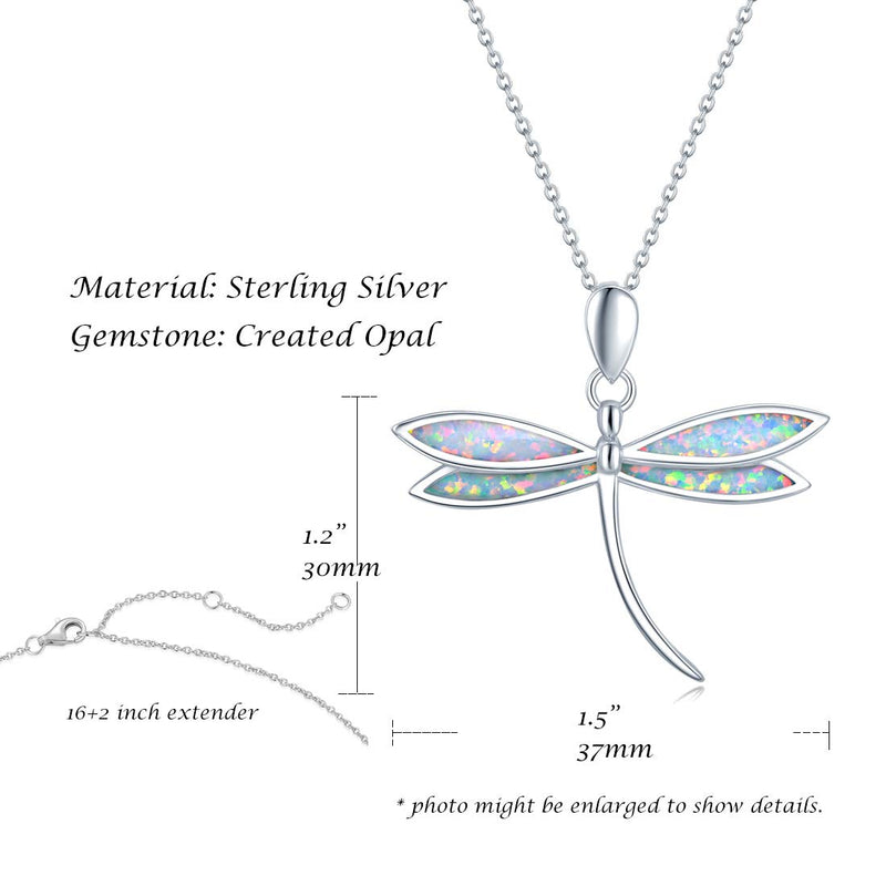 [Australia] - FANCIME October Birthstone White/Yellow Gold Plated Sterling Silver Opal Dragonfly Necklace Long Chain Charm Dainty Pendant Jewelry for Women Girls 16"+2" 