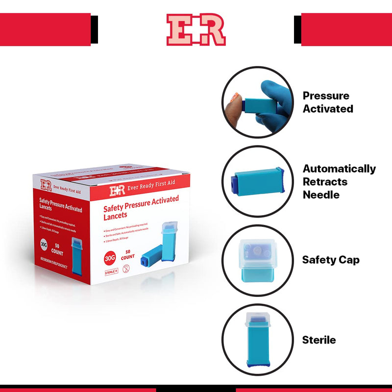 [Australia] - Ever Ready First Aid Safety Pressure Activated Lancets, Sterile Push Lancets with 30 Gauge for Blood Sugar Testing – 50 Count 