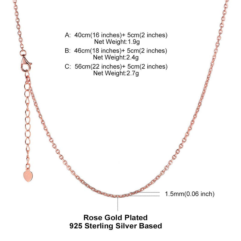 [Australia] - 925 Sterling Silver 18K Gold Platinum Rose Gold Plated Rolo/Box Cable/Melon Chain for Women Girls, Slim Chain with Lobster Clasp 1 mm/1.5 mm/1.6 mm/2mm/3mm, 16" 18" 20" 22" 24" 26" 22.0 Inches 1 (a). cable chain-rose gold plated silver (1.5mm) 