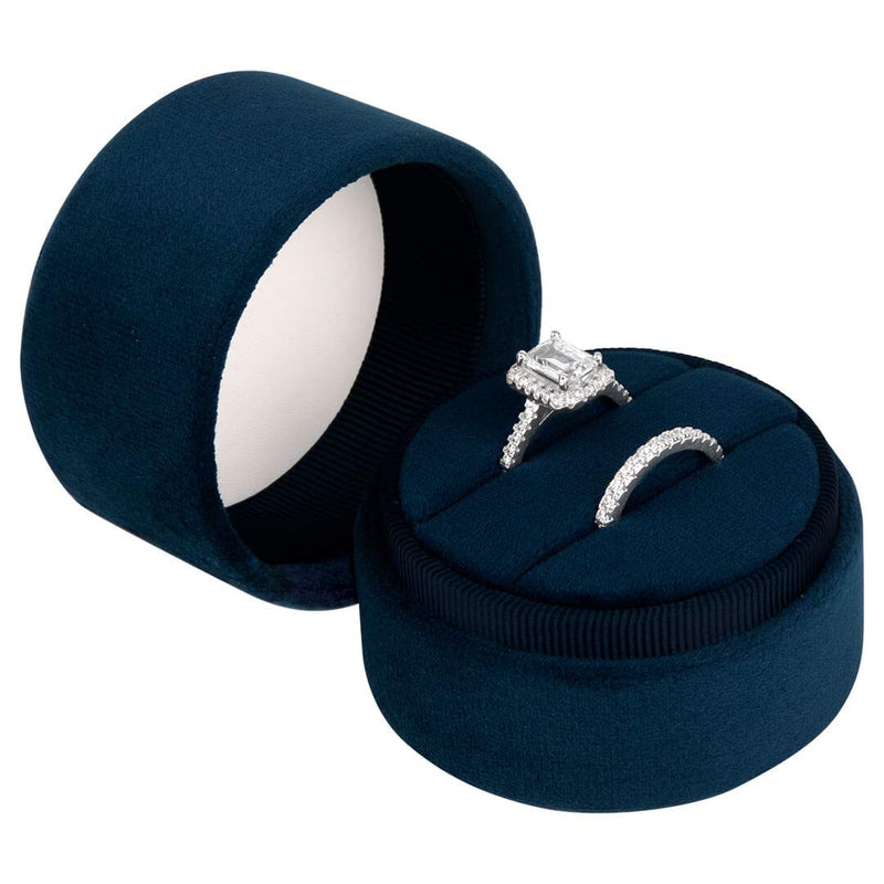 [Australia] - Koyal Wholesale Round Velvet Ring Box, Navy Blue Double Ring Slot Wedding Ceremony Ring Box with Detachable Lid, 2 Piece Engagement Ring Box Holder, Proposal, Wedding, Heirloom, Ring Bearer Ring Box 