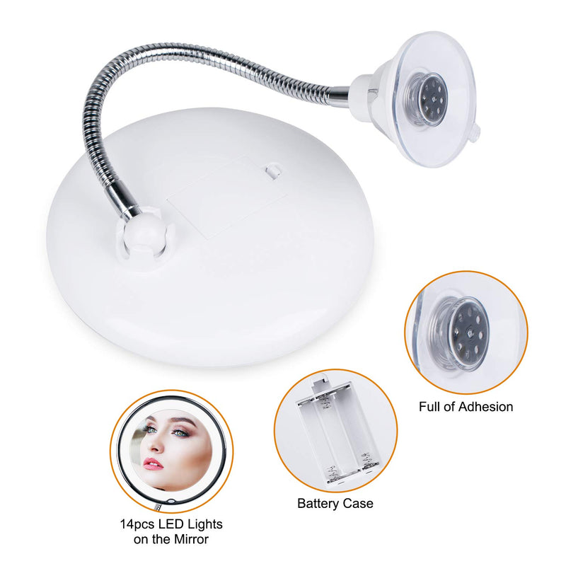 [Australia] - 10X Magnifying Mirror with Lights, Flexible Mirror as seen on TV, Powerful Suction Cup, 360° Swivel Flexible Gooseneck Makeup Mirror for Bathroom Shaving Travel Vanity, Cordless 3A Battery (10x) 
