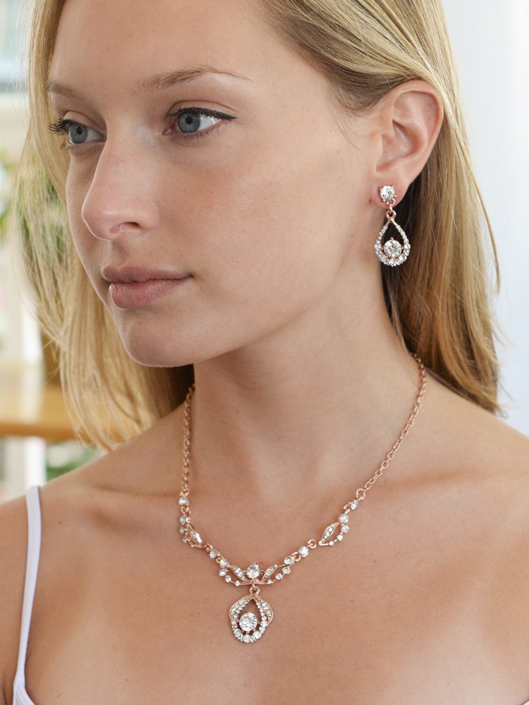 [Australia] - Mariell 14K Rose Gold Vintage Crystal Necklace and Earrings Jewelry Set for Prom, Bridal and Bridesmaids 