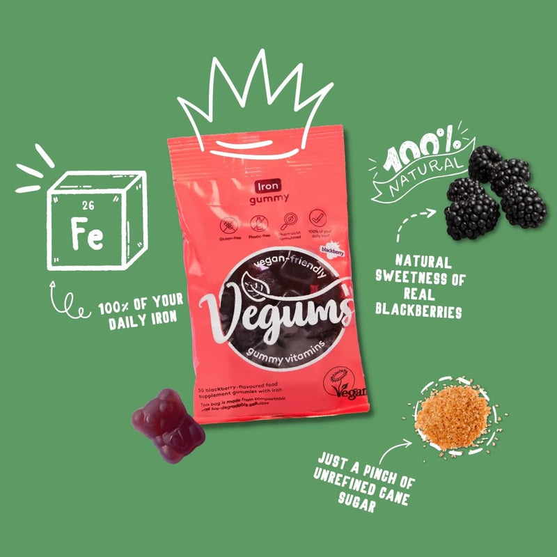 [Australia] - Vegums Iron Gummies | Vegan Friendly Gummy Vitamins | 30 BlackBerry Flavoured Chewable Iron Supplements for All The Family | Suitable for Vegans and Vegetarians 30 Count (Pack of 1) 