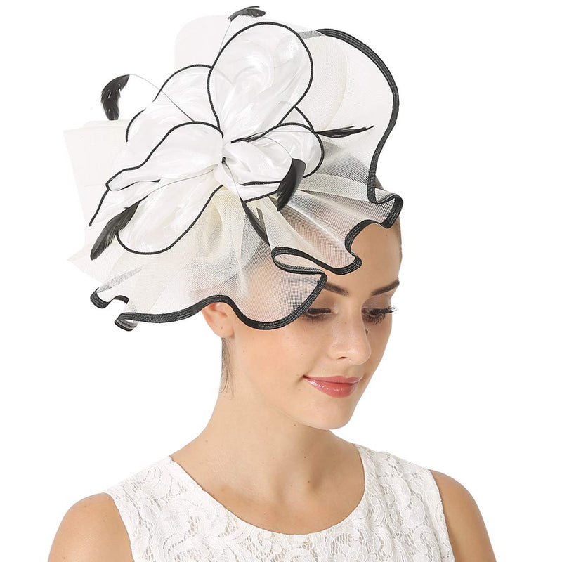 [Australia] - Sinamay Feather Fascinators Womens Pillbox Flower Derby Hat for Cocktail Ball Wedding Church Tea Party Black and White 