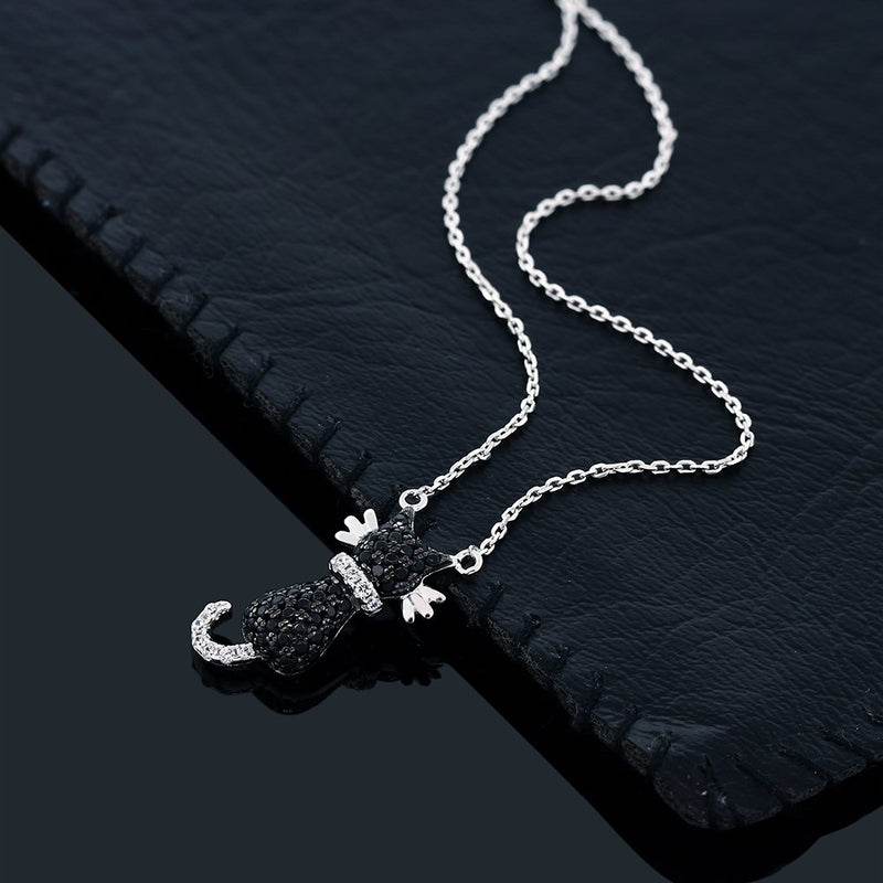 [Australia] - Gem Stone King 925 Sterling Silver Round Zirconia Sitting Black Cat Pendant Necklace On 18 Inch 925 Sterling Silver Chain 