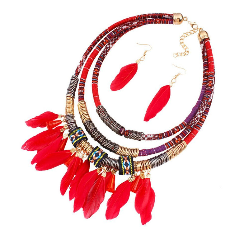 [Australia] - XY Fancy Feather Pendant Multi Layers Tribal Bib Necklace Statement Earring Jewelry Set Red 