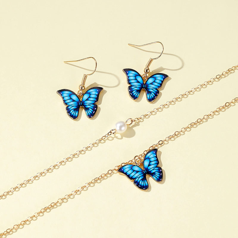 [Australia] - Vangelady Butterfly Necklace Earrings Set Faux Pearl Pendant Double Chain Jewelry for Women Girls Teens Gold Plated 