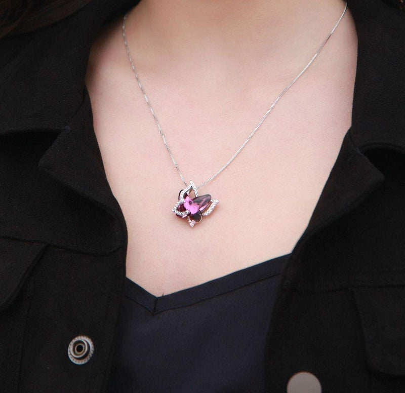 [Australia] - GEMMANCE Butterfly Crystal Necklace with Premium Birthstone, Silver-Tone, 18”+2” Chain February Birthstone - Amethyst Dark Pink Crystal 